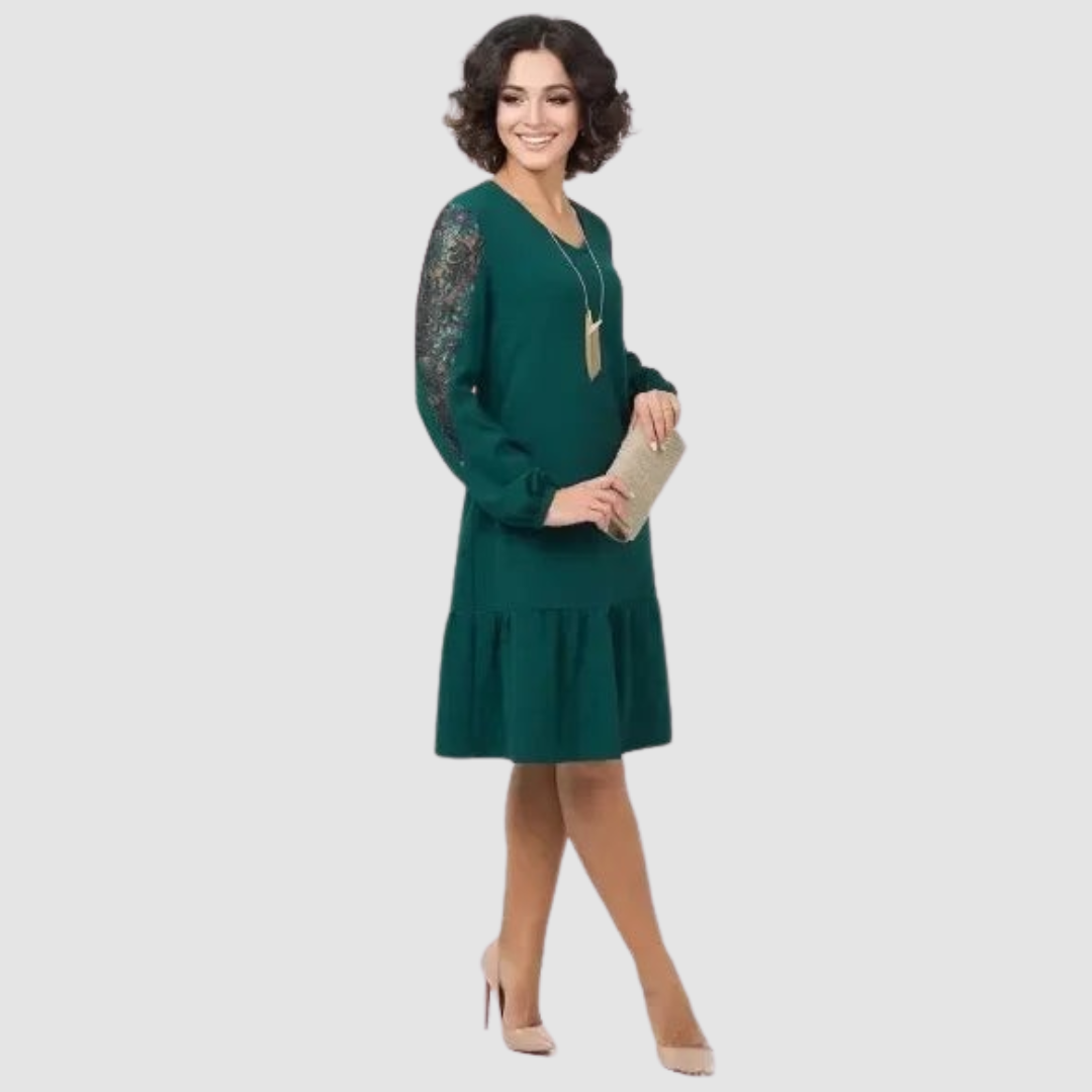 Mina™ Elegant Midi Dress with Lace Sleeves