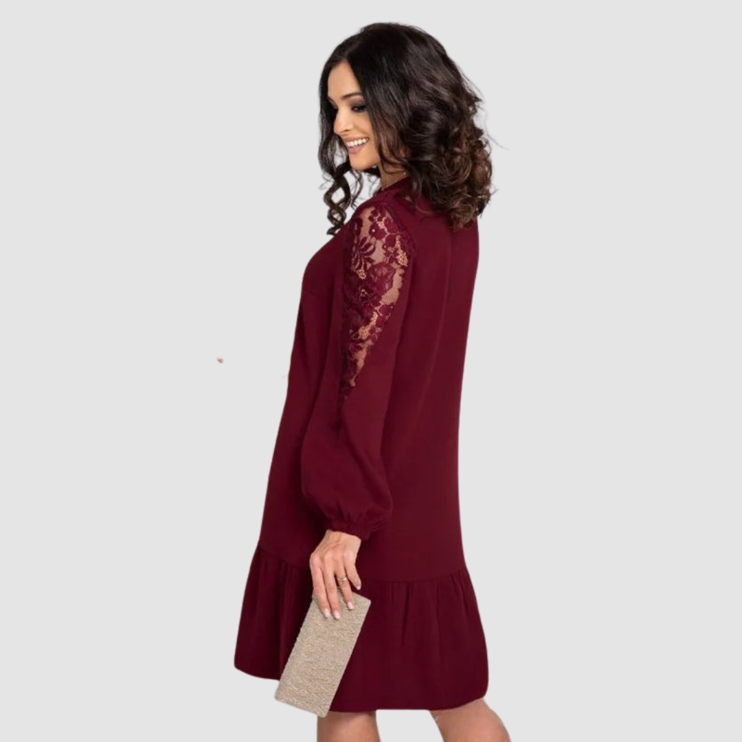 Mina™ Elegant Midi Dress with Lace Sleeves