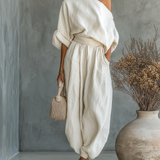 Komplet lanenih hlača s off-shoulder topom
