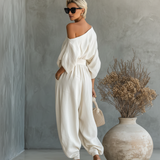 Komplet lanenih hlača s off-shoulder topom