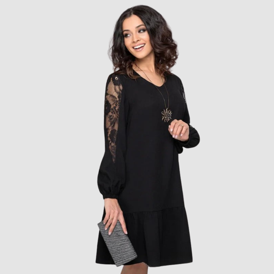 Mina™ Elegant Midi Dress with Lace Sleeves