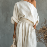 Komplet lanenih hlača s off-shoulder topom