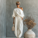 Komplet lanenih hlača s off-shoulder topom