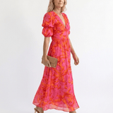 Willow | Midi Dress with Puff Sleeves and Floral V-Neck