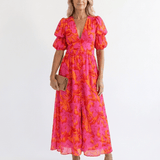 Willow | Midi Dress with Puff Sleeves and Floral V-Neck